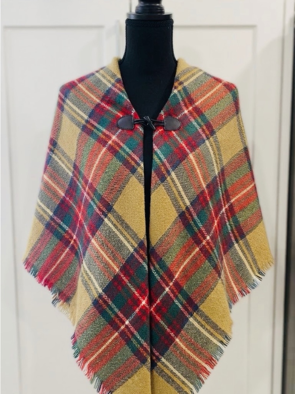 Plaid Fringed Toggle Poncho